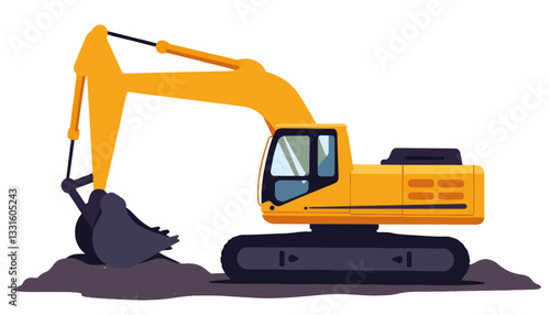 Geometric construction excavator working in an industrial setting, efficiency