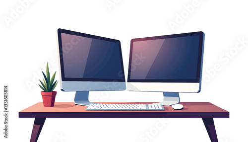 Digital workspace with dual monitors and keyboard, modern efficiency