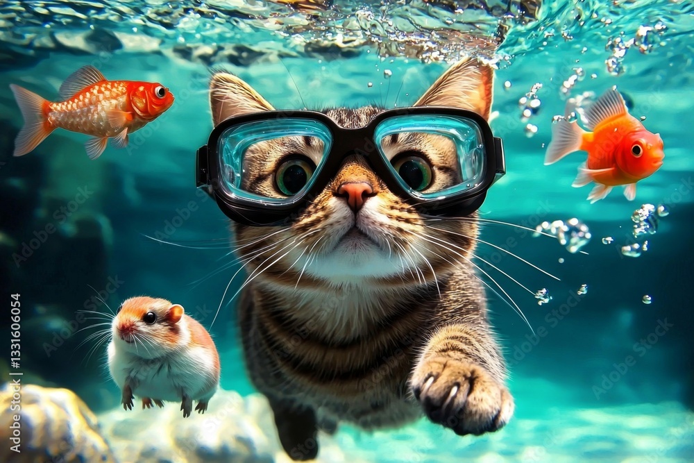 A vibrant aquatic adventure with a cat, hamster, and colorful fish. A vibrant aquatic adventure with a cat, hamster, and colorful fish.