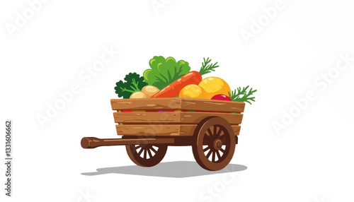 Vegetable cart filled with fresh produce on white background, farm freshness