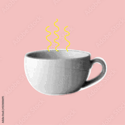 Coffee cup in retro halftone style,hot drink in a cup,trendy collage design element