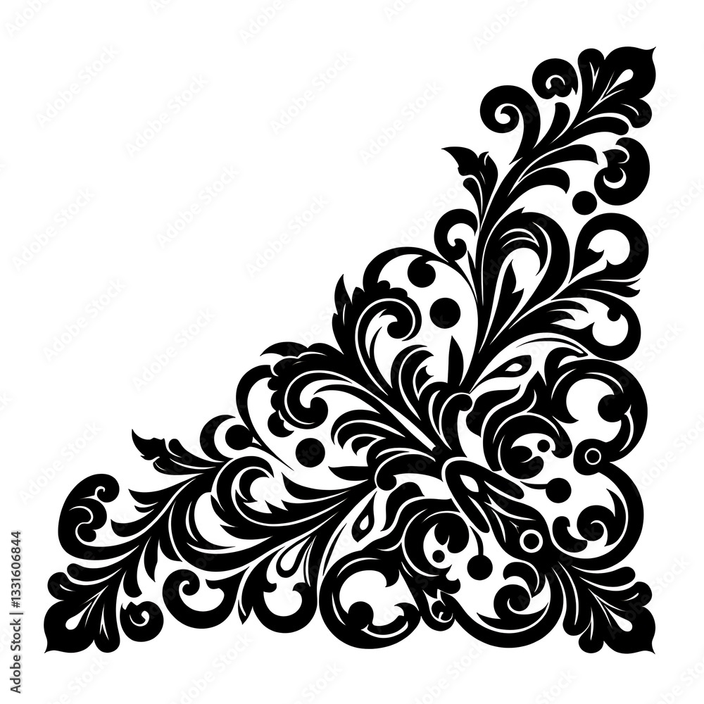 Intricate black and white floral design in corner decoration showcasing elegant patterns and details