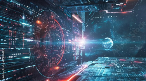 Futuristic Space Cityscape with Digital Interfaces