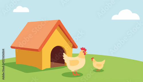 Charming chickens near sunny coop in green pasture, rural bliss