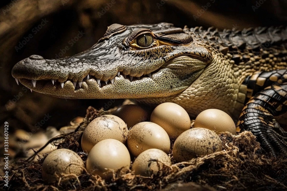Obraz premium Maternal instincts drive the crocodile to protect her offspring from threats.