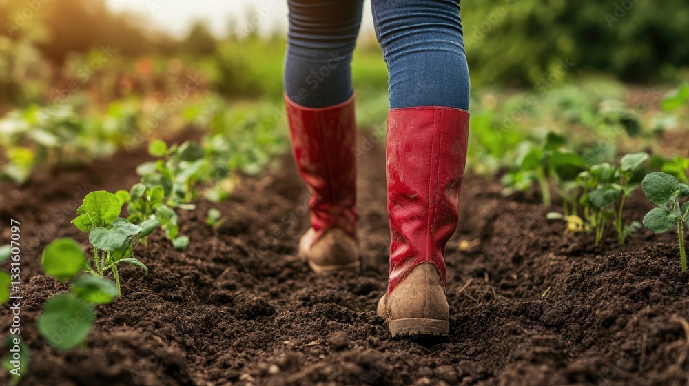 Fototapeta premium Female farmer in boots inspects soil quality. Agronomist evaluates the development of new seedlings. Themes of gardening and ecology.