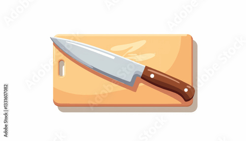 Chef's knife resting on wooden cutting board, culinary preparation
