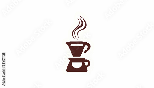 Geometric coffee maker with steaming cup on pure white background, minimalist design