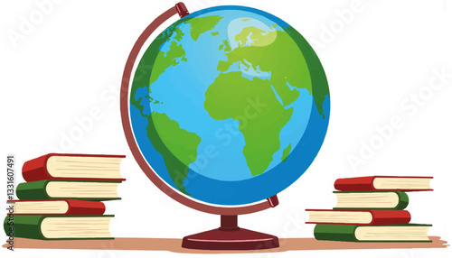 Classroom globe surrounded by textbooks, education and learning