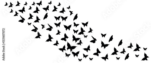 black butterfly silhouettes in various poses for nature. Butterflies taking flight in an elegant formation across a white background