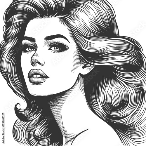 glamorous woman with voluminous hair, drawn in vintage engraving style with fine linework sketch engraving generative ai vector illustration. Scratch board imitation. Black and white image.