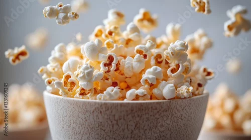 Fototapeta A bucket of freshly popped popcorn spilling onto a table, set against a blurred background, symbolizing a classic movie-time snack and entertainment.