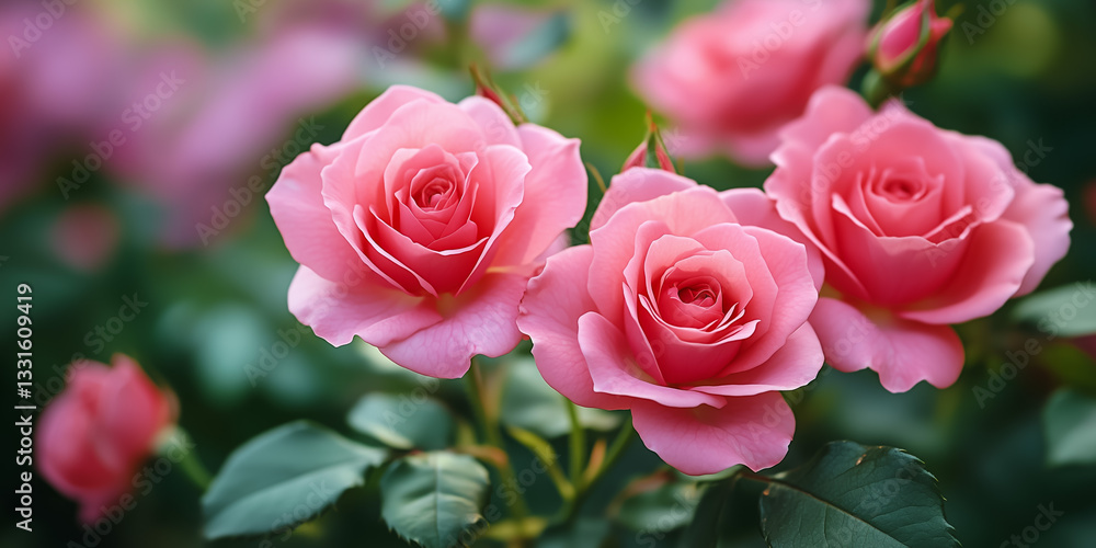 Beautiful blooming pink roses in a lush garden setting Beautiful blooming pink roses in a lush garden setting