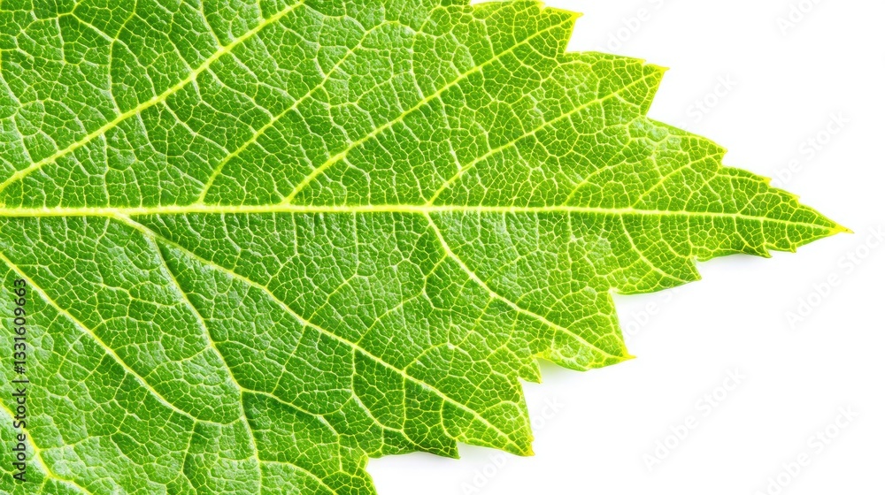 Close-up of a green leaf showing detailed veins on white background. For nature, science, agriculture Close-up of a green leaf showing detailed veins on white background. For nature, science, agriculture