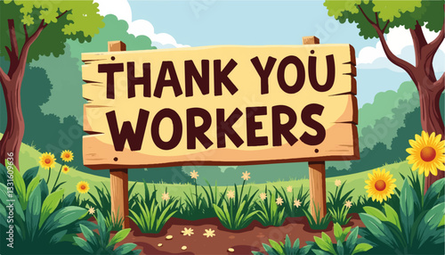 "Thank You Workers" sign in vibrant garden, eco-friendly appreciation