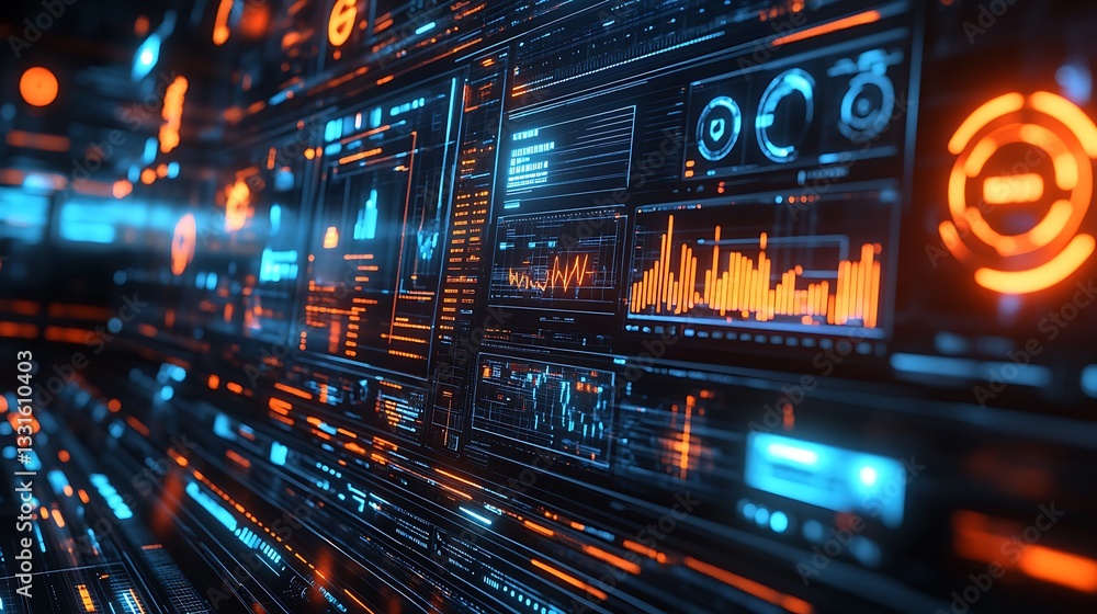 Fototapeta premium A futuristic digital forensic dashboard tracking cyber threats over decades, interactive 3D bar graphs, glowing hacking alert signals, neon-lit AI analytics, ultra-HD cyber UI design. --ar 16:9