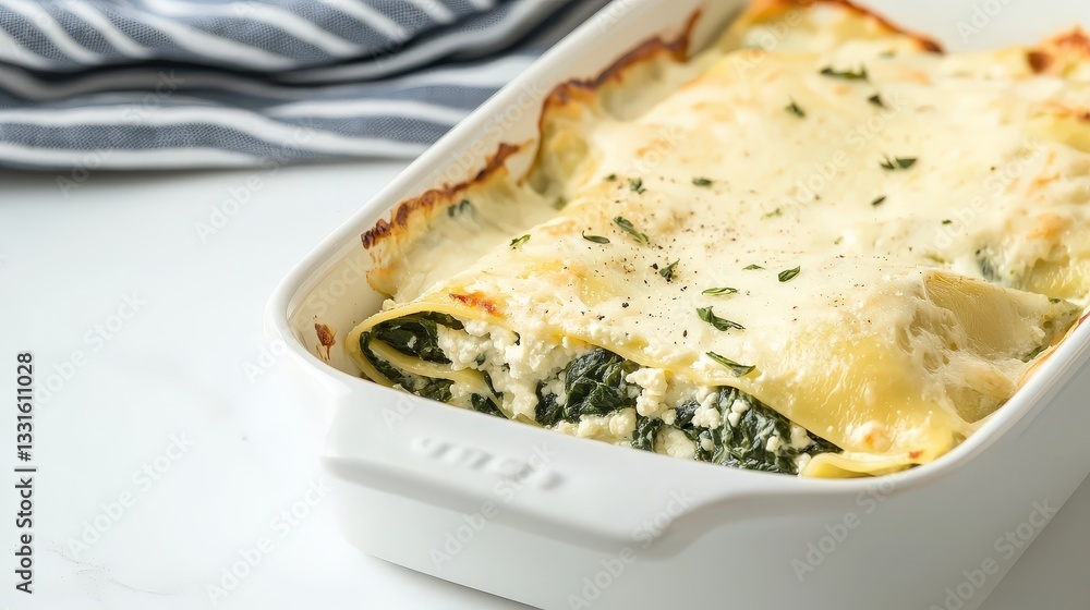 Creamy Spinach Lasagna with Cheese Sauce in White Baking Dish Creamy Spinach Lasagna with Cheese Sauce in White Baking Dish