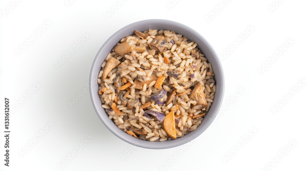 Delicious Bowl of Rice with Mixed Vegetables and Nuts Top View Delicious Bowl of Rice with Mixed Vegetables and Nuts Top View