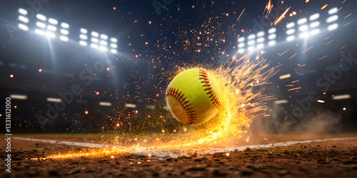 Softball field night game with glowing yellow ball flying under stadium lights