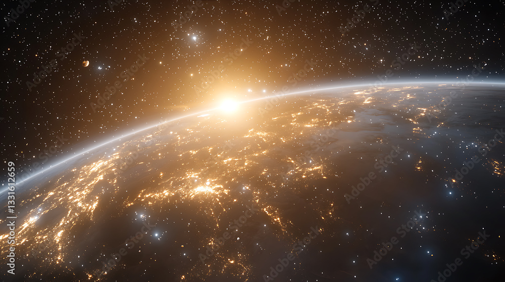 Celestial view of earth at dawn space digital artwork cosmic environment high-angle perspective sci-fi concept Celestial view of earth at dawn space digital artwork cosmic environment high-angle perspective sci-fi concept