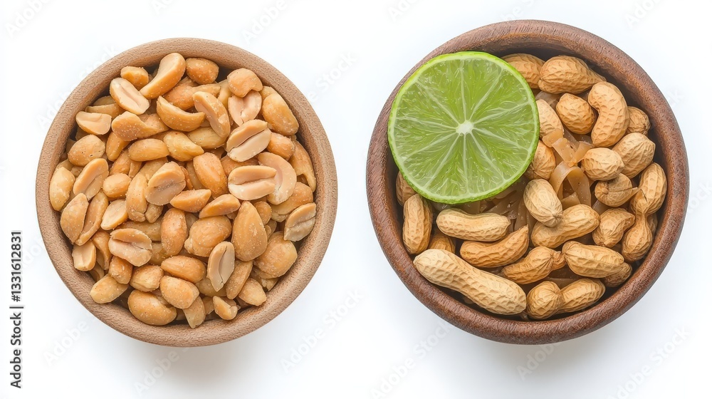 Fresh Peanuts and Lime Slices in Wooden Bowls on White Background Fresh Peanuts and Lime Slices in Wooden Bowls on White Background