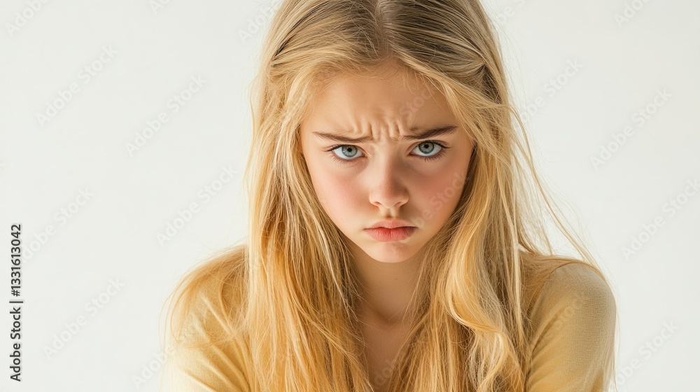 Teenage girl exhibiting a dissatisfied expression. Cute blonde girl gazing downward. Themes of depression and aggression. Isolated on a white background. Teenage girl exhibiting a dissatisfied expression. Cute blonde girl gazing downward. Themes of depression and aggression. Isolated on a white background.