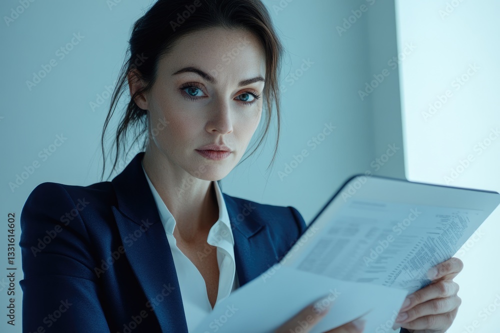 A focused businesswoman in a navy suit reviews important documents, her expression serious and attentive. A focused businesswoman in a navy suit reviews important documents, her expression serious and attentive.