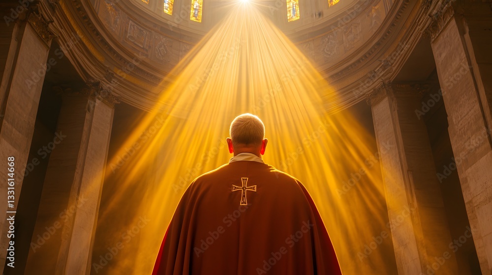 Fototapeta premium Sacred Sanctuary: A spiritual leader in ornate vestments stands within a magnificent cathedral, illuminated by heavenly beams of light, exuding serenity and reverence.