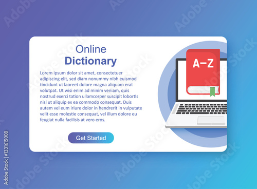 Glossary book with laptop icon in flat style. Guidebook encyclopedia vector illustration on isolated background. A-Z computer sign business concept.