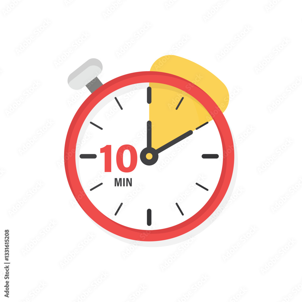 10 minutes on stopwatch icon in flat style. Clock face timer vector illustration on isolated background. Countdown sign business concept. 10 minutes on stopwatch icon in flat style. Clock face timer vector illustration on isolated background. Countdown sign business concept.