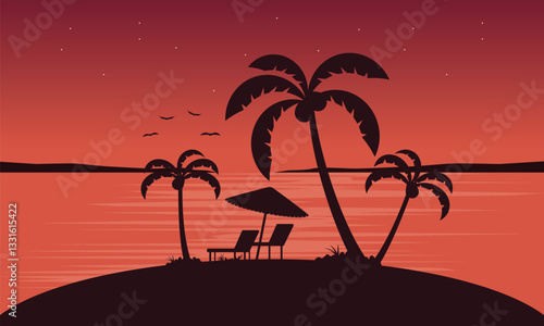 Gradient beach sunset landscape with palm trees background vector Silhouette of wooden chaise lounge, Umbrella on beach.