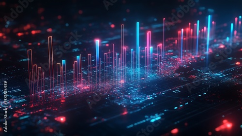 A high-tech 3D chart visualizing global streaming service subscriptions, glowing data bars rising above a digital world map, neon blue and red highlights, sci-fi cyber interface, ultra-HD rendering.