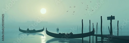 Gondolas on misty canal at dawn, Venice Italy, sun rising in soft watercolor landscape, travel use