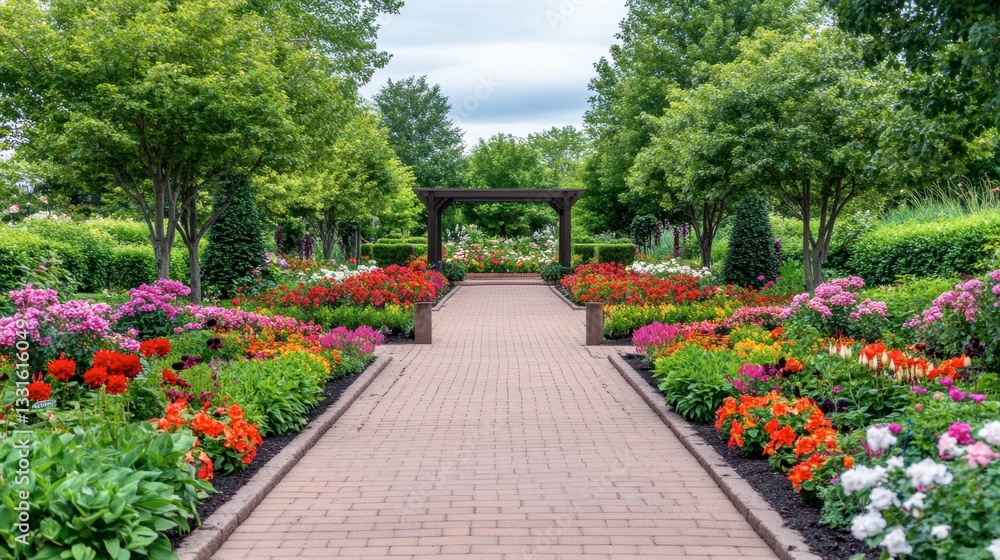 Obraz premium A beautiful garden path framed by flowers and trees, leading to a peaceful, secluded area for reflection.
