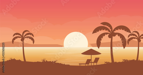 Summer sunset tropical beach line art vector illustration, palm tree with sunset waves Nature, Silhouette of wooden chaise lounge, Umbrella, palm tree on beach.
