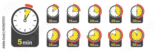 From 5 minutes to 55 minutes on stopwatch icon set collection in flat style. Clock face timer vector illustration on isolated background. Countdown sign business concept.