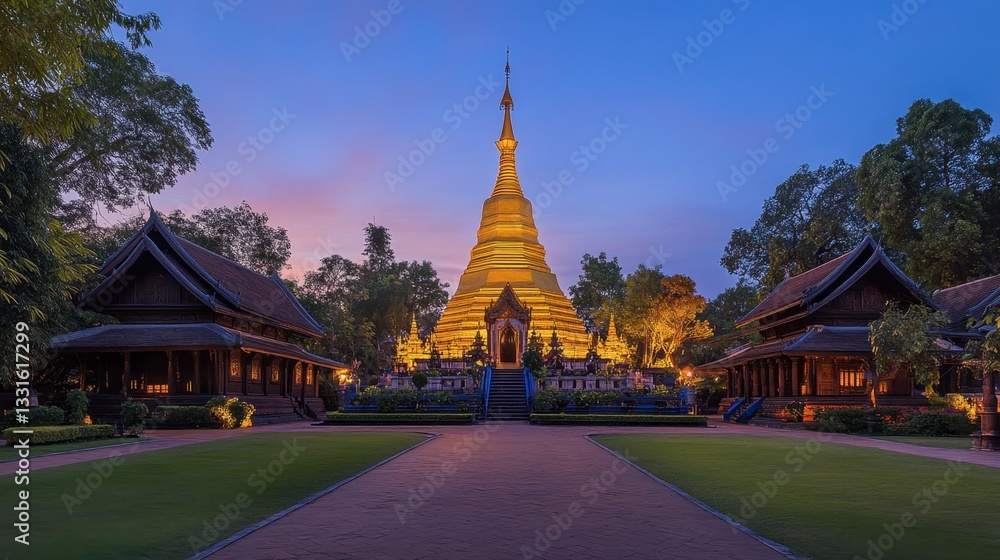 Fototapeta premium A calm afternoon at Mahachedi Chaimongkol Temple, with soft lighting casting a serene glow on the temples golden spire.