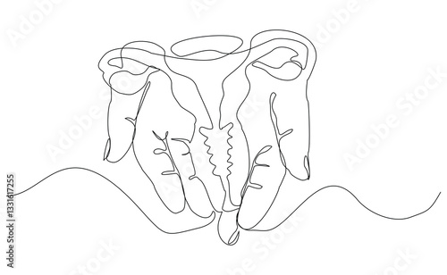 Continuous single line of hand holding uterus ovary cervix anatomy female reproductive organ sketch drawing editable stroke vector illustration