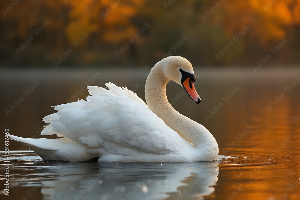 Fototapeta premium Graceful White Swan on Calm Water with Autumn Trees, Generative AI