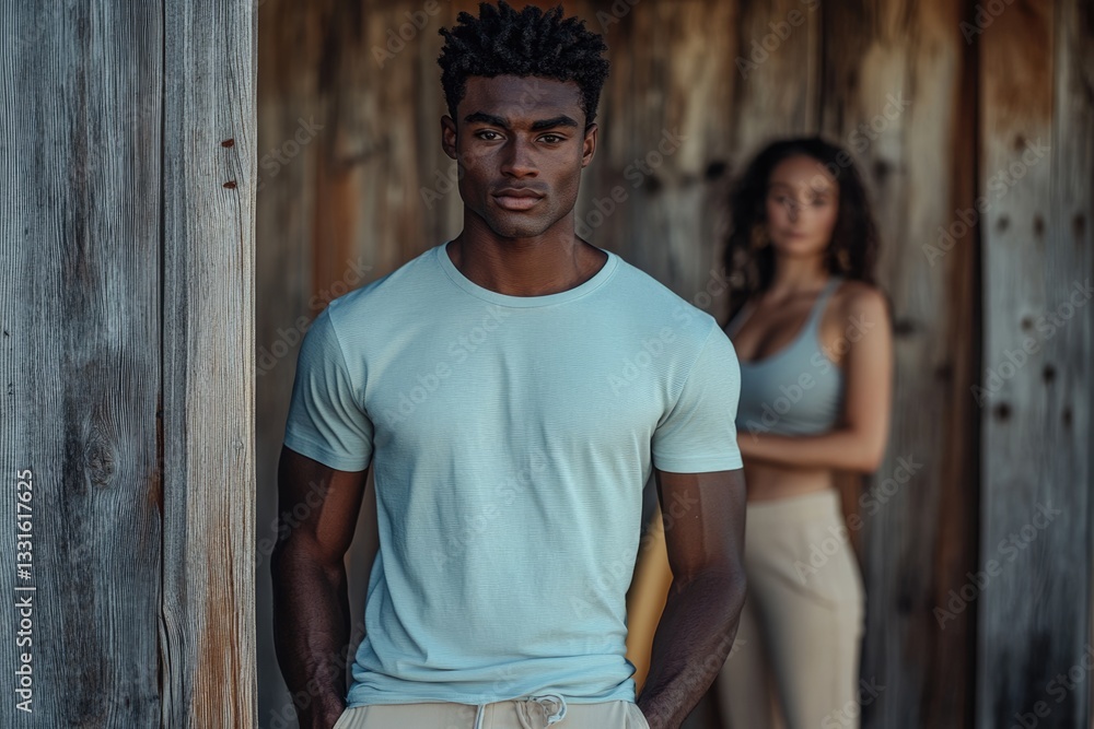 Fototapeta premium A confident Black man in a light blue t-shirt stands near a wooden wall, a woman blurred in the background.