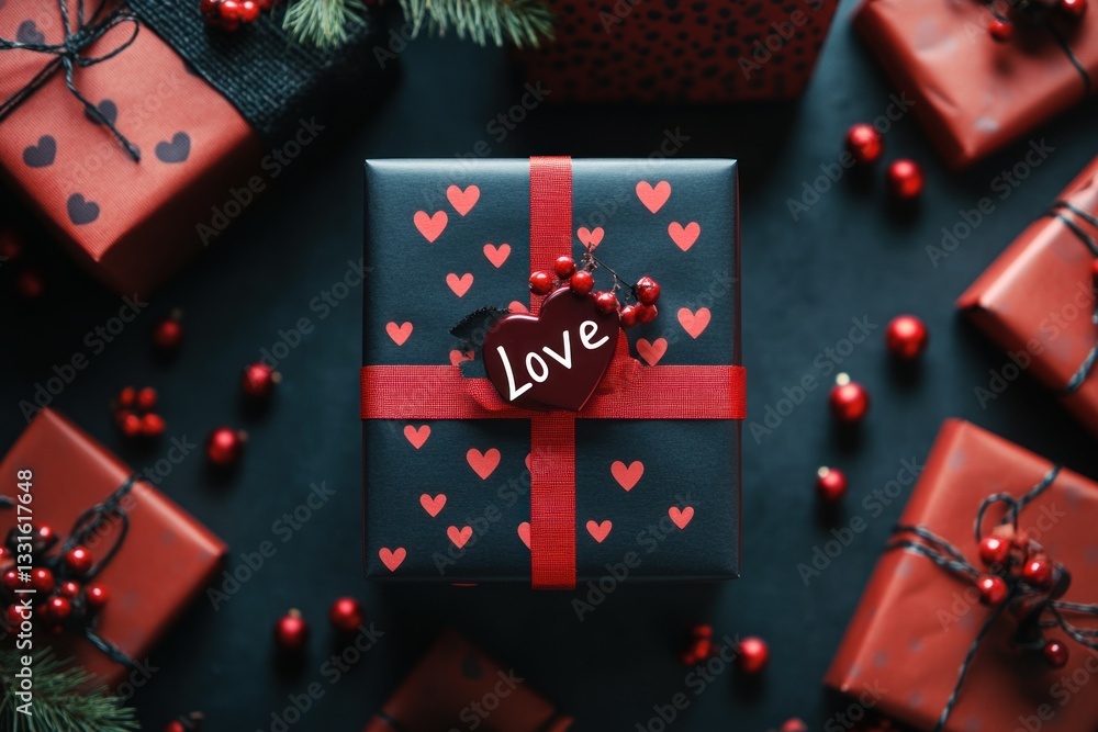 Obraz premium Romantic Valentine's Day gifts with red hearts and berries on dark background.