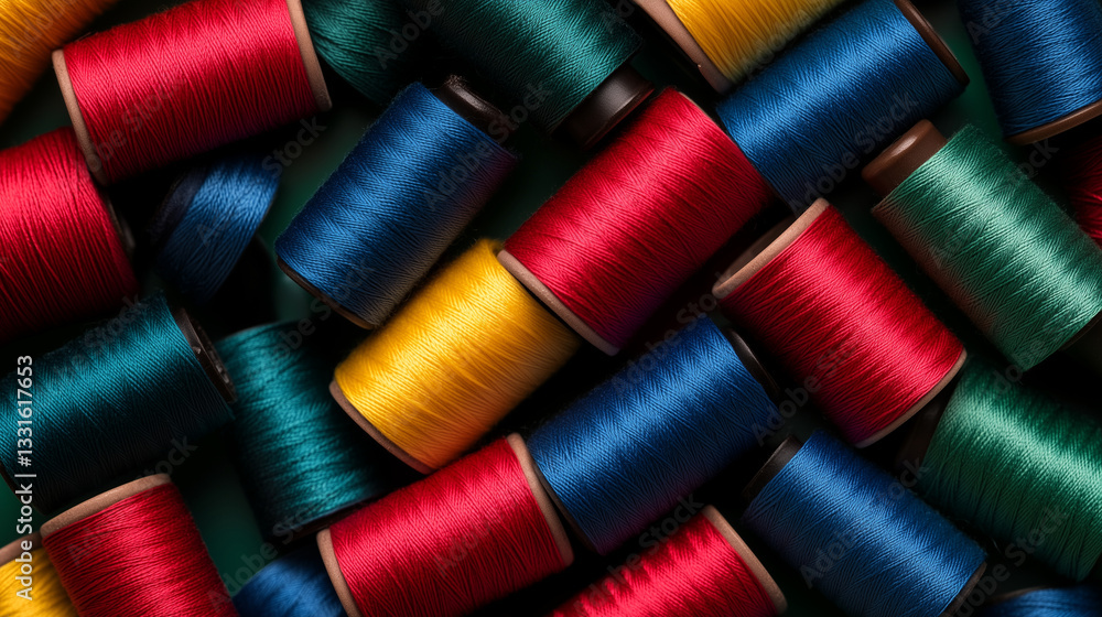 A scattered arrangement of vibrant sewing spools in shades of red, blue, green, and yellow, symbolizing the endless possibilities in textile arts and sewing. A scattered arrangement of vibrant sewing spools in shades of red, blue, green, and yellow, symbolizing the endless possibilities in textile arts and sewing.