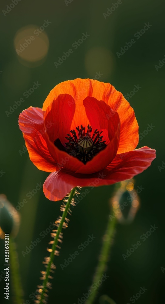 Fototapeta premium Vibrant red poppy flower in bloom against soft green background at sunset