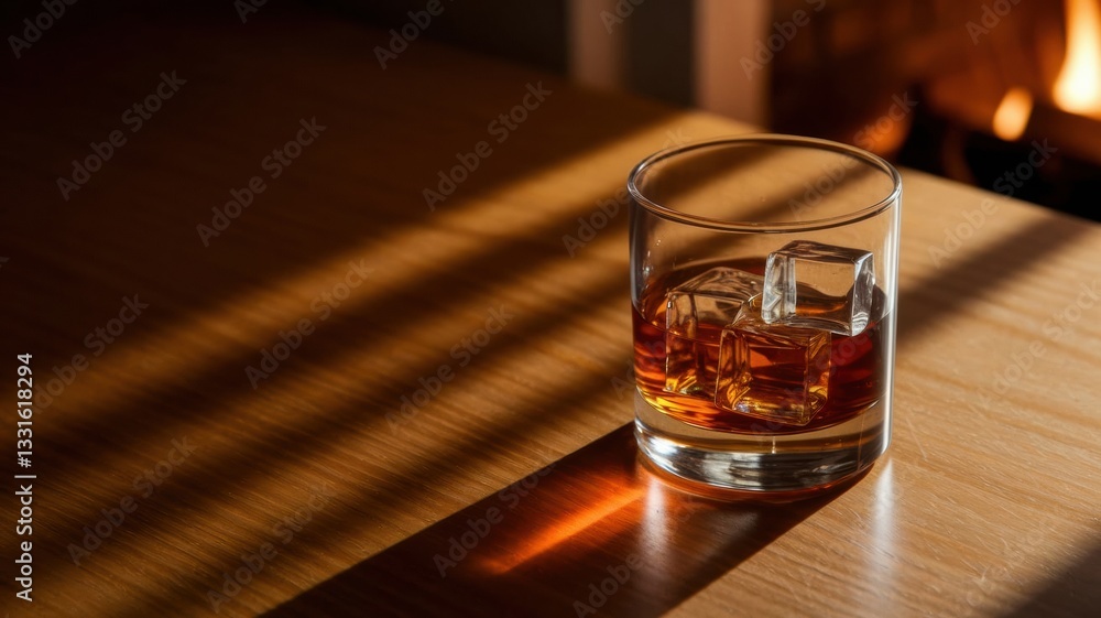 Generative AI Sleek Whiskey Glass with Amber Liquid on Mahogany Table Generative AI Sleek Whiskey Glass with Amber Liquid on Mahogany Table