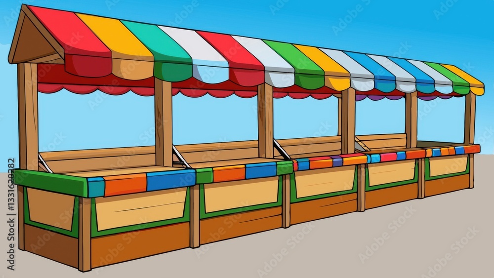 Fototapeta premium A Cheerful Marketplace Stall, Bursting With Vibrant Colors And Inviting Energy, Ready For A Bustling Day Of Trade Under A Striped Awning