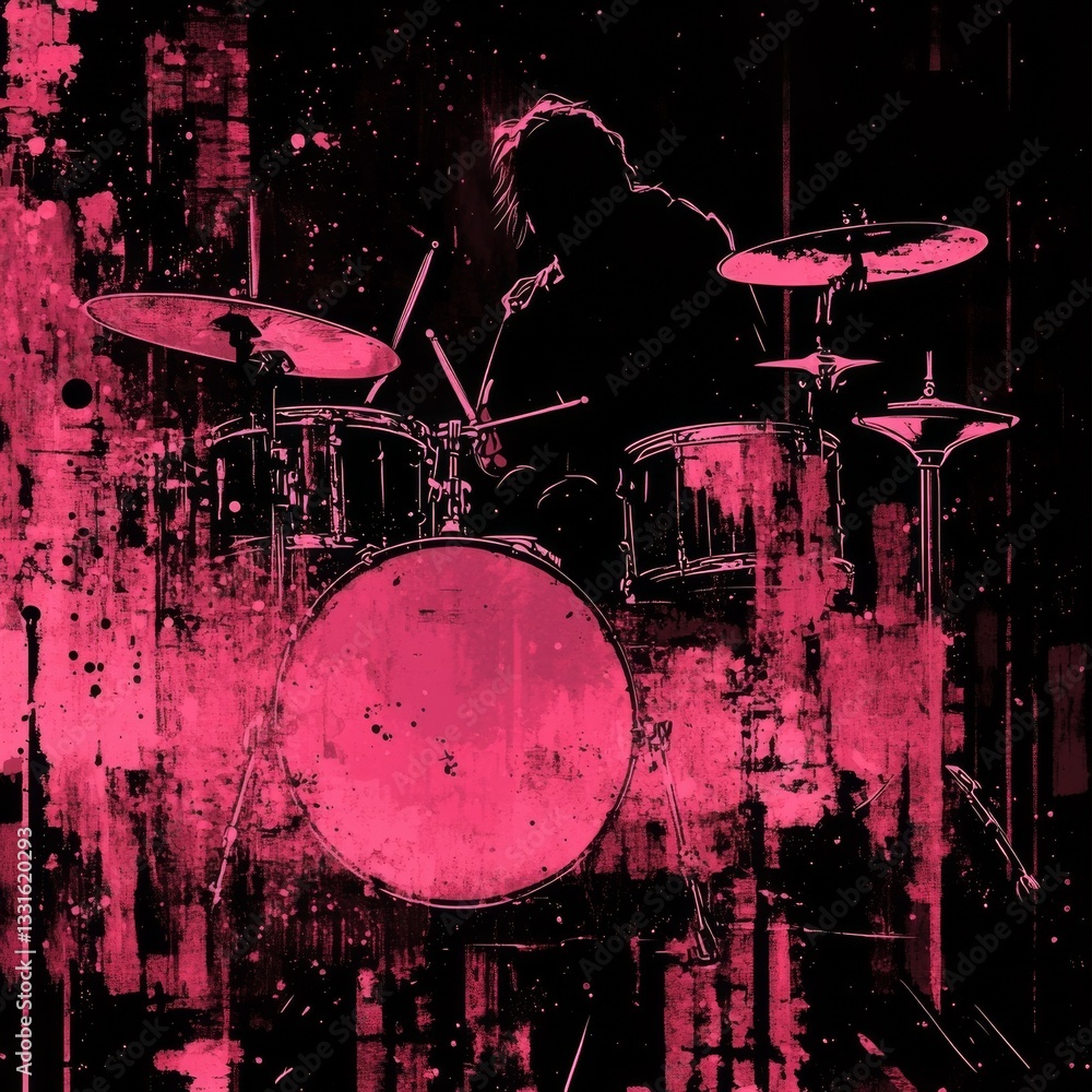 Rhythmic Beats: A Pink and Black Abstract Depiction of a Drummer in Action, Capturing the Energy and Passion of Live Music Rhythmic Beats: A Pink and Black Abstract Depiction of a Drummer in Action, Capturing the Energy and Passion of Live Music