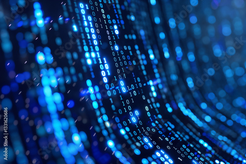 AI artificial Intelligence technology. Machine and deep learning. Blue technology data wavy lines in a holographic style. Cyber big data flow with particle bokeh. Digital Neural Network.