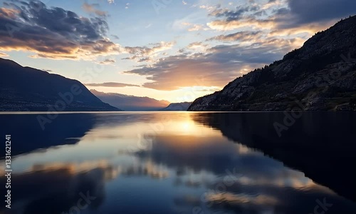 Wallpaper Mural Sunset over calm lake between mountains, reflecting sky. Peaceful landscape, ideal for travel brochures Torontodigital.ca