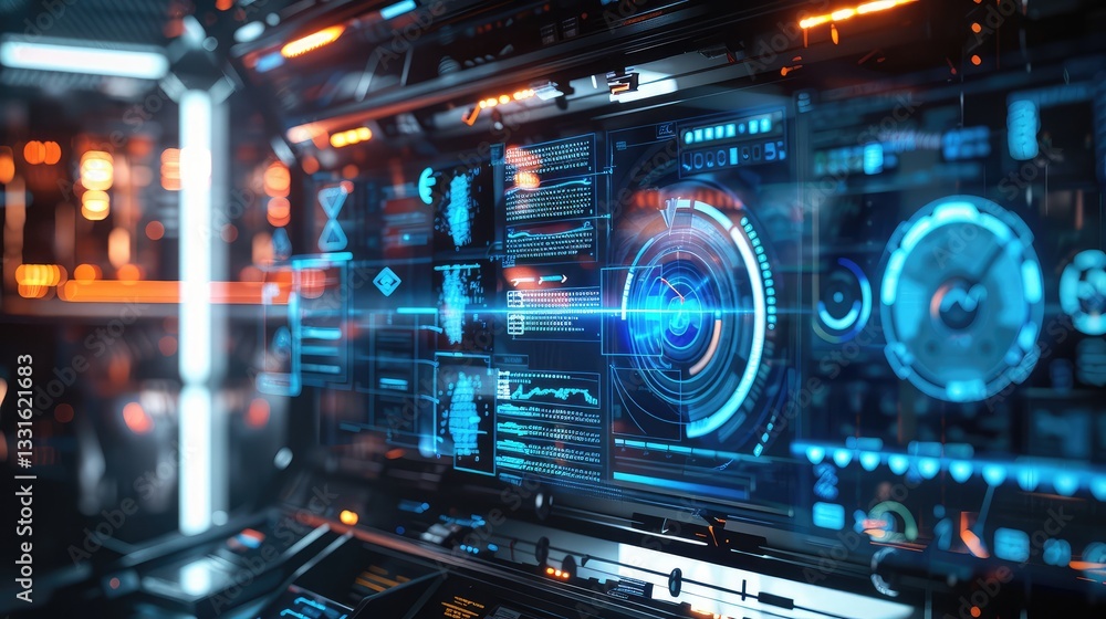 Futuristic Control Room with Advanced Digital Interfaces Futuristic Control Room with Advanced Digital Interfaces