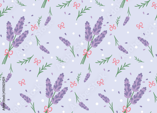 seamless pattern featuring lavender flowers tied with ribbons